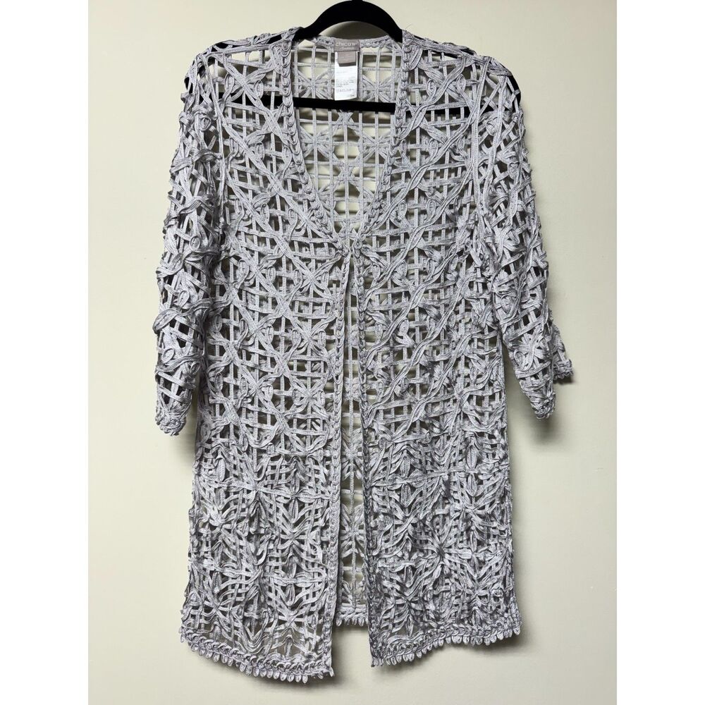 CHICO'S Travelers Silver Soutache Open Weave Cardigan Jacket, Sz 0 (4/6)